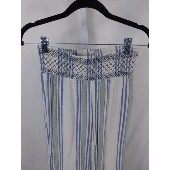 Indigo Rein Pants Womens Small Blue Striped Linen Blend Smocked Waist Wide Leg - Picture 2 of 10